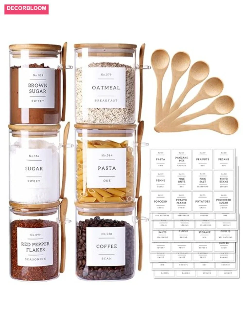 6-Pack Glass Jars with Bamboo Lid and Spoons - 17oz/27oz Airtight Food Storage